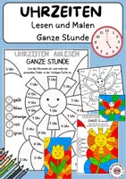 Vorschau - Arbeitsblätter - Uhr ganze Stunde Lesen Malen nach Uhrzeiten Ausmalbilder - Deckblatt