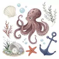 Vorschau - selbst erstellte Cliparts/Grafiken - 7 Oktopus Cliparts – Niedliche Aquarell-Illustrationen im PNG-Format mit transparentem Hintergrund - Deckblatt
