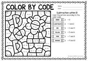 Aperçu - Feuilles d'exercices - Color by Code - Subtraction within 10 (Father's Day) | Fête des pères Soustraction Mathématiques Anglais - Page 1