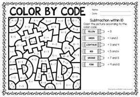 Aperçu - Feuilles d'exercices - Color by Code - Subtraction within 10 (Father's Day) | Fête des pères Soustraction Mathématiques Anglais - Page 2
