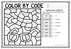 Aperçu - Feuilles d'exercices - Color by Code - Subtraction within 10 (Father's Day) | Fête des pères Soustraction Mathématiques Anglais - Page 3
