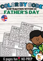 Aperçu - Feuilles d'exercices - Color by Code - Subtraction within 10 (Father's Day) | Fête des pères Soustraction Mathématiques Anglais - Page de couverture