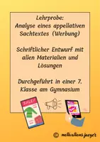 Vorschau - Stundenentwürfe - Lehrprobe Deutsch: Analyse eines appellativen Sachtextes (Werbung) - Deckblatt