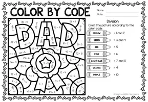 Aperçu - Feuilles d'exercices - Color by Code - Division (Father's Day) | Fête des pères Divisions Mathématiques Anglais - Page 3