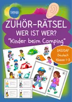 Vorschau - Stundenentwürfe - Zuhör-Rätsel – Wer ist wer? Hör genau hin! Hörrätsel mit Kindern beim Camping im Wald – DaZ |Deutsch Klasse 1–3 | Personenbeschreibungen & Hörverstehen für Klasse 1–3 | Hör-/Hörsehverstehen | Fächerübergreifend | Fertige Vertretungsstunde - Deckblatt