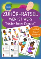 Vorschau - Stundenentwürfe - Zuhör-Rätsel – Wer ist wer? Hör genau hin! Hörrätsel mit Kindern beim Picknick im Park – DaZ |Deutsch Klasse 1–3 | Personenbeschreibungen & Hörverstehen für Klasse 1–3 | Hör-/Hörsehverstehen | Fächerübergreifend | Fertige Vertretungsstunde - Deckblatt