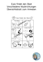 Vorschau - Arbeitsblätter - Eule findet den Beat - Musikrichtungen - Übersichtblatt - Deckblatt
