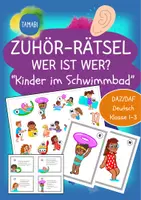 Vorschau - Stundenentwürfe - Zuhör-Rätsel – Wer ist wer? Hör genau hin! Hörrätsel mit Kindern im Schwimmbad – DaZ |Deutsch Klasse 1–3 | Personenbeschreibungen & Hörverstehen für Klasse 1–3 | Hör-/Hörsehverstehen | Fächerübergreifend | Fertige Vertretungsstunde - Deckblatt