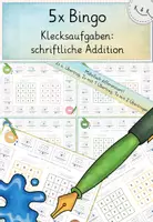 Vorschau - Stationenlernen - Schriftliche Addition im ZR bis 1000, "Klecksaufgaben": 5x Bingo ", mit und ohne Überträge - Deckblatt