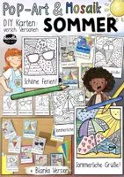 Vorschau - Mal- und Bastelvorlagen - Sommer Pop-Art und Mosaik DIY Postkarten ☀️📮 Sommerferien Grüße Karten - Deckblatt