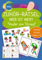 Vorschau - Stundenentwürfe - Zuhör-Rätsel – Wer ist wer? Hör genau hin! Hörrätsel mit Kindern am Strand– DaZ |Deutsch Klasse 1–3 | Personenbeschreibungen & Hörverstehen für Klasse 1–3 | Hör-/Hörsehverstehen | Fächerübergreifend | Fertige Vertretungsstunde - Deckblatt