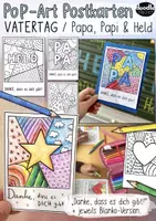 Vorschau - Mal- und Bastelvorlagen - Pop-Art DIY Postkarten VATERTAG / Papa, Papi, Held & Blanko Version - Deckblatt