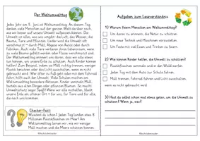 Vorschau - Arbeitsblätter - Lesetext Weltumwelttag - mit Aufgaben zum Leseverständnis - Seite 1