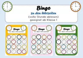 Vorschau - Spiele - Bingospiel zu den Uhrzeiten volle Stunden ablesen ab Klasse 1 - Deckblatt