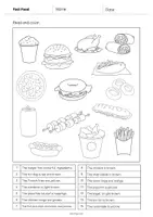 Aperçu - Cartes d'exercices - Fast Food / Restauration rapide: Read and Color 1 (Fiche d'exercices d'anglais) - Page 2