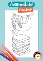 Vorschau - Mal- und Bastelvorlagen - Ausmalbild Faultier mit Bücherstapel - Deckblatt