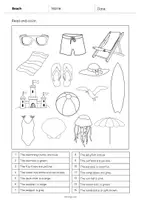 Aperçu - Cartes d'exercices - Beach / Plage: Read and Color 1 (Fiche d'exercices d'anglais) - Page 2