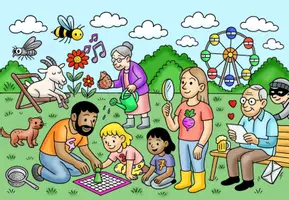 Vorschau - Arbeitsblätter - Wimmelbild - Wörter mit -ie - mit vielen Aufgaben - Seite 1