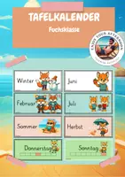 Vorschau - Poster - Tafelkalender Fuchsklasse 🦊 | Monate, Jahreszeiten & Wochentage in 4 Farben - Deckblatt