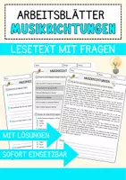 Vorschau - Arbeitsblätter - Musikrichtungen Arbeitsblätter mit Fragen + Lösungen Leseverstehen und Wortschatz - Deckblatt
