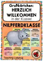 Vorschau - Bildkarten - Grußkärtchen - HERZLICH WILLKOMMEN in der Nilpferdklasse! - Deckblatt