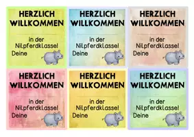 Vorschau - Bildkarten - Grußkärtchen - HERZLICH WILLKOMMEN in der Nilpferdklasse! - Seite 1