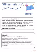 Vorschau - Arbeitsblätter - Wörter mit „tz“, „tzt“ und „zz“; Klasse 2 und 3, Rechtschreibung - Deckblatt
