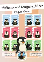 Vorschau - Mal- und Bastelvorlagen - Stations- und Gruppenschilder Pinguin Klasse (in A5) - auch in Silbenschrift - Deckblatt