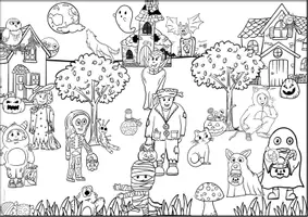 Vorschau - Arbeitsblätter - Halloween, Herbst Wimmelbild, Suchbild in Farbe und zum Ausmalen - Seite 2