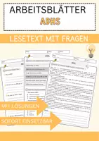 Vorschau - Arbeitsblätter - ADHS Arbeitsblätter mit Fragen + Lösungen Psychologie Lesetext - Deckblatt
