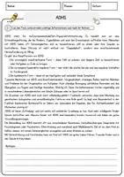 Vorschau - Arbeitsblätter - ADHS Arbeitsblätter mit Fragen + Lösungen Psychologie Lesetext - Seite 1