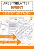 Vorschau - Arbeitsblätter - Burnout Arbeitsblätter mit Fragen + Lösungen Psychologie Lesetext - Deckblatt