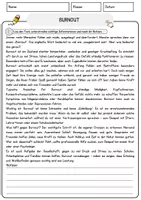 Vorschau - Arbeitsblätter - Burnout Arbeitsblätter mit Fragen + Lösungen Psychologie Lesetext - Seite 1