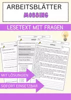 Vorschau - Arbeitsblätter - Mobbing Arbeitsblätter mit Fragen + Lösungen Psychologie Lesetext - Deckblatt