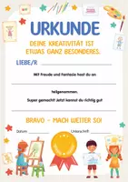 Vorschau - Poster - Teilnehmerurkunde. Urkunde für Kinder. Urkunde Teilnehmer. Zeugnis Zertifikat. Teilnahme an kreativen Projekten, Bastelnprojekten, Kunstwettbewerben. Auszeichnung für kreative Leistungen in der Grundschule - Seite 1