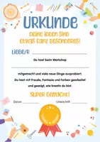 Vorschau - Poster - Urkunde für Kinder. Teilnehmerurkunde. Belohnung Schulkinder. Zeugnis Zertifikat für alle Gelegenheiten. Kinderurkunde. Teilnahme an kreativen Projekten, Workshops, Bastelnprojekten, Kunstwettbewerben. - Seite 1