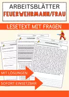 Vorschau - Arbeitsblätter - Feuerwehrmann frau Arbeitsblätter mit Fragen Lesetraining mit Lösungen Lesetext - Deckblatt