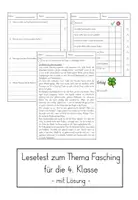 Vorschau - Test - Lesetest zum Thema Fasching Klasse 4 mit Lösung - Deckblatt