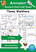 Vorschau - Mal- und Bastelvorlagen - Tiere im Wald Anmalen Wortschatz - Deutsch/DaZ/DaF/Kunst - Klasse 1 und 2 - Deckblatt