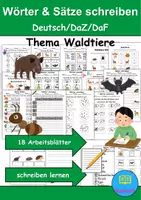 Vorschau - Arbeitsblätter - Tiere im Wald Wörter und Sätze schreiben und Silben DaZ/DaF, deutsch - Deckblatt