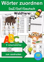 Vorschau - Lehrpläne/Lehrermaterial - Wörter zuordnen Thema Tiere im Wald - DaZ/DaF, Deutsch (Wortschatz) - Deckblatt