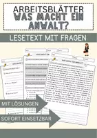 Vorschau - Arbeitsblätter - Was macht ein Anwalt Arbeitsblätter mit Fragen + Lösungen Leseverstehen und Wortschatz - Deckblatt