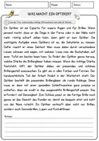 Vorschau - Arbeitsblätter - Was macht ein Optiker Arbeitsblätter mit Fragen + Lösungen Leseverstehen und Wortschatz - Seite 1