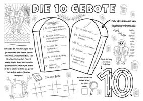 Vorschau - Arbeitsblätter - 10 Gebote Grundschule - Spiel- & Rätselmatte Religion "Die 10 Gebote" | Mose 10 Gebote | Moses 10 Gebote | Aufgaben für Schnelle | Ich bin fertig Aufgaben | Lückenfüller - Seite 1