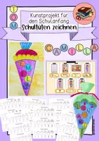 Vorschau - Mal- und Bastelvorlagen - Kunstprojekt für den Schulanfang - Schultüten zeichnen - Deckblatt