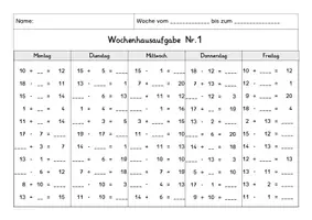 Vorschau - Arbeitsblätter - Wochenhausaufgabe Mathematik, 1. Klasse, Rechnen im ZR20 ohne ZÜ - Seite 1