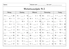 Vorschau - Arbeitsblätter - Wochenhausaufgabe Mathematik, 1. Klasse, Rechnen im ZR20 ohne ZÜ - Seite 2