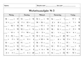 Vorschau - Arbeitsblätter - Wochenhausaufgabe Mathematik, 1. Klasse, Rechnen im ZR20 ohne ZÜ - Seite 3