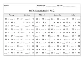 Vorschau - Arbeitsblätter - Wochenhausaufgabe, Mathematik, Rechnen im ZR100 mit Zehnerüberschreitung - Seite 2