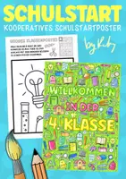 Vorschau - Mal- und Bastelvorlagen - Kooperatives Doodle Poster für den Schulbeginn zum Basteln & Malen - „Willkommen in der 4. Klasse" - Deckblatt